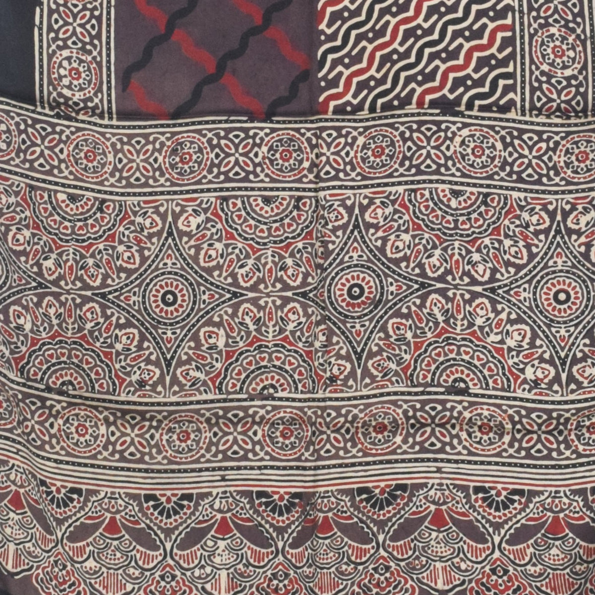 Ajrakh Modal Silk Natural Dye Hand Block Print Stole With Tassels - 2 Mtr Length - SKU : AI27803C