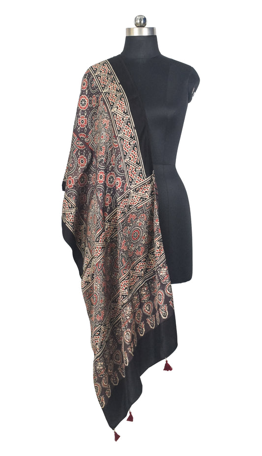 Ajrakh Modal Silk Natural Dye Hand Block Print Stole With Tassels - 2 Mtr Length - SKU : AI27803D
