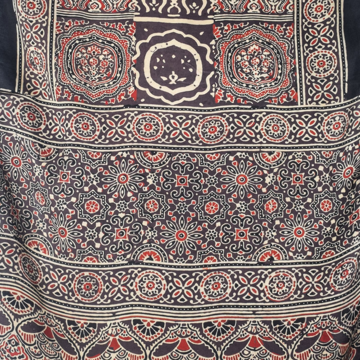 Ajrakh Modal Silk Natural Dye Hand Block Print Stole With Tassels - 2 Mtr Length - SKU : EK28901U