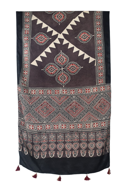 Ajrakh Modal Silk Natural Dye Hand Block Print Stole With Tassels - 2 Mtr Length - SKU : EK28901X