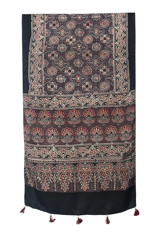 Ajrakh Modal Silk Natural Dye Hand Block Print Stole With Tassels - 2 Mtr Length - SKU : EK28901Z