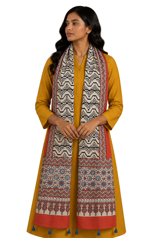 Ajrakh Modal Silk Natural Dye Hand Block Print Stole With Tassels - 2 Mtr Length - SKU : EK11A01L
