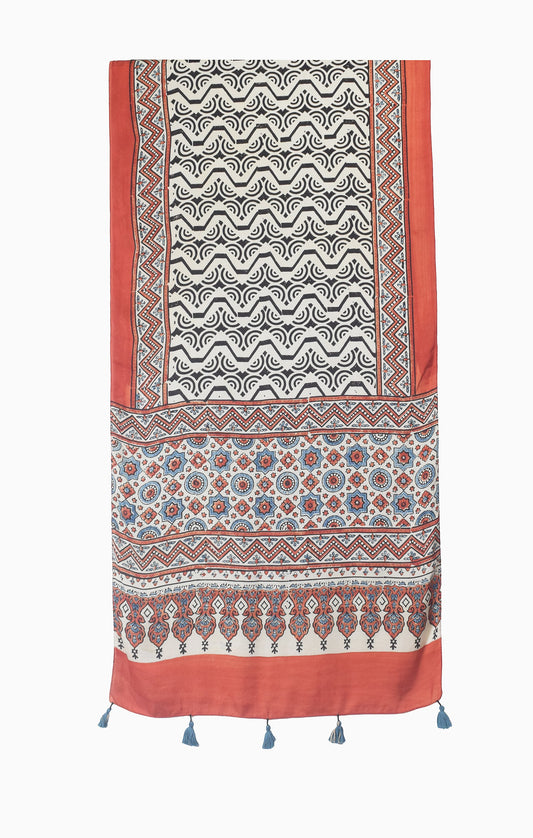 Ajrakh Modal Silk Natural Dye Hand Block Print Stole With Tassels - 2 Mtr Length - SKU : EK11A01L