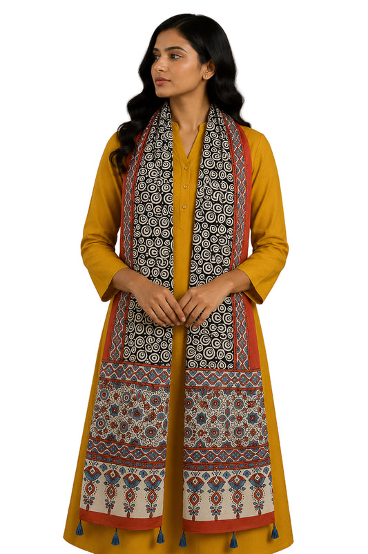 Ajrakh Modal Silk Natural Dye Hand Block Print Stole With Tassels - 2 Mtr Length - SKU : EK11A01M