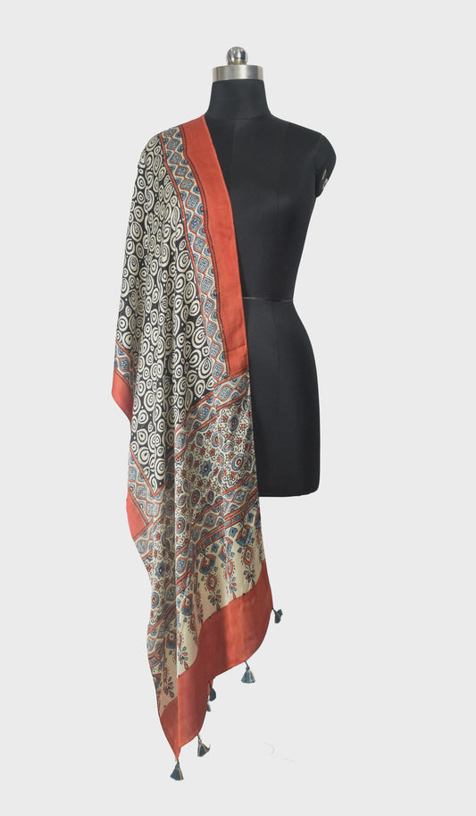 Ajrakh Modal Silk Natural Dye Hand Block Print Stole With Tassels - 2 Mtr Length - SKU : EK11A01M