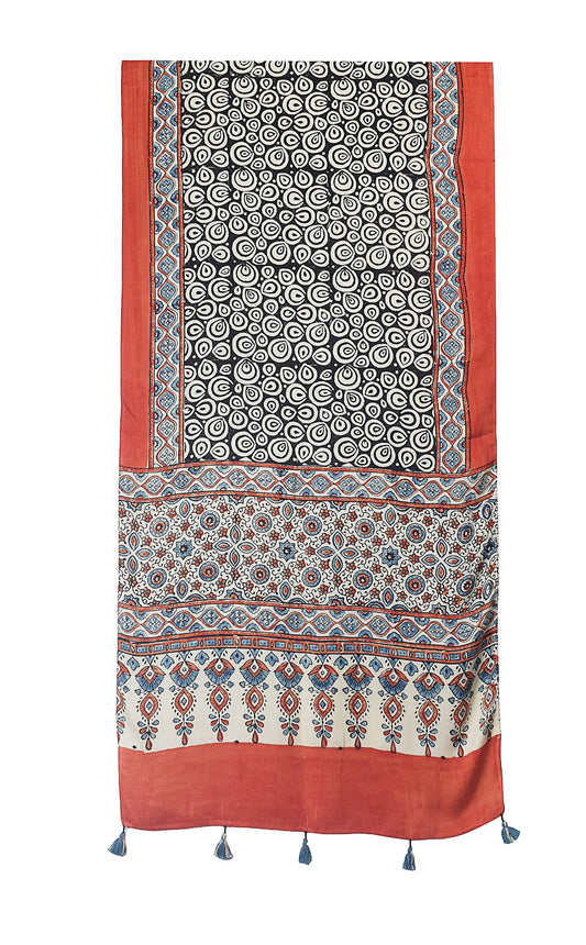 Ajrakh Modal Silk Natural Dye Hand Block Print Stole With Tassels - 2 Mtr Length - SKU : EK11A01M
