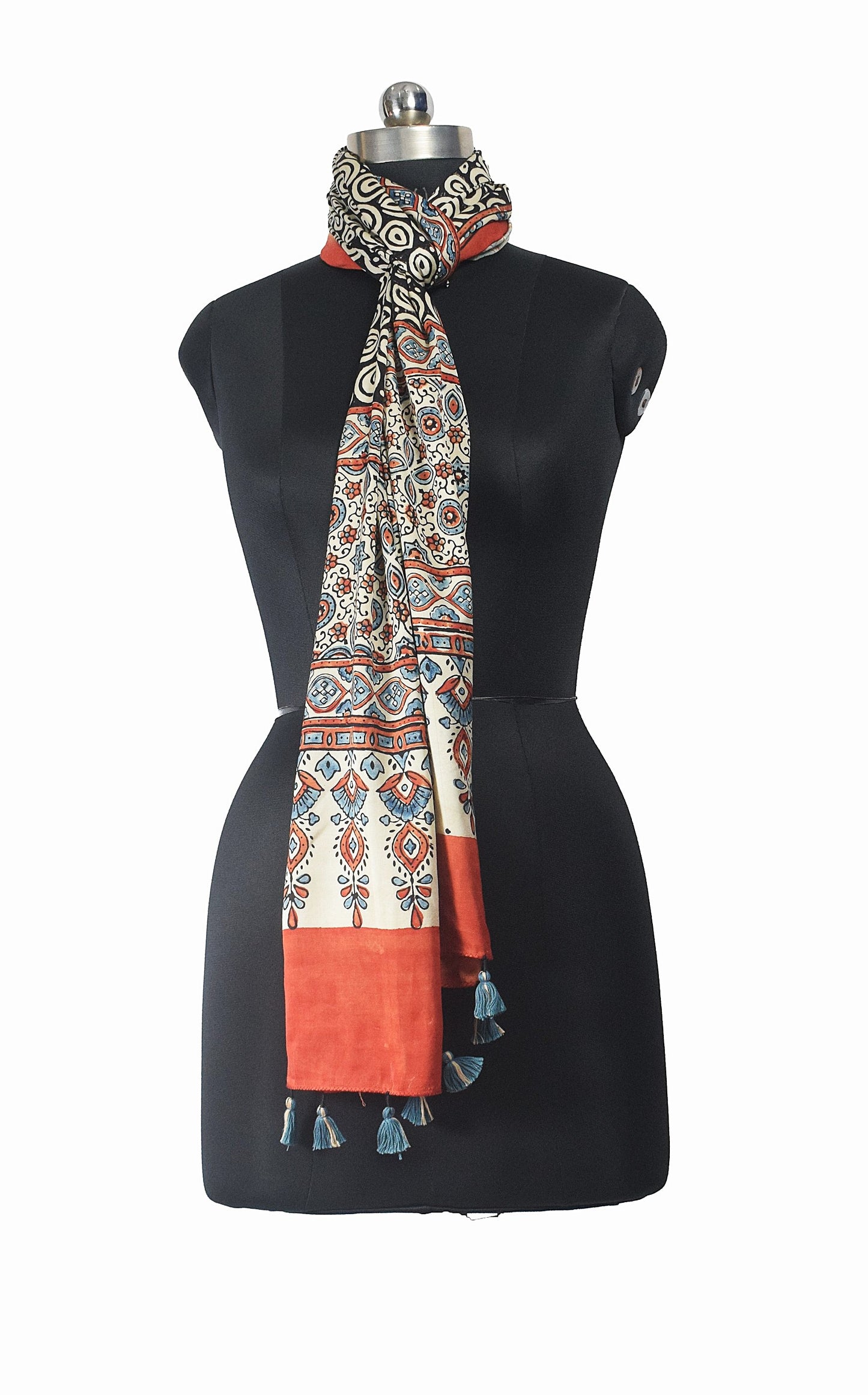 Ajrakh Modal Silk Natural Dye Hand Block Print Stole With Tassels - 2 Mtr Length - SKU : EK11A01M