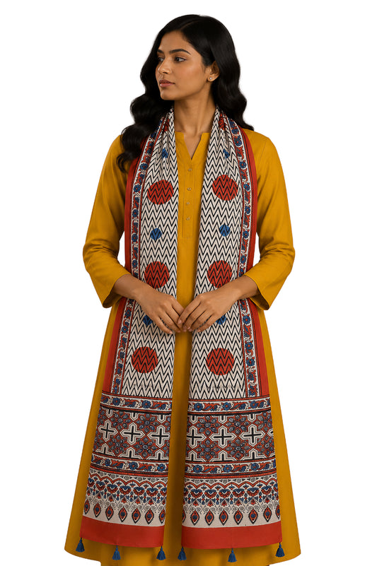 Ajrakh Modal Silk Natural Dye Hand Block Print Stole With Tassels - 2 Mtr Length - SKU : EK11A01N