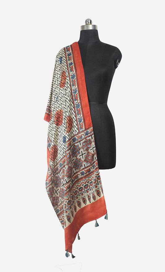 Ajrakh Modal Silk Natural Dye Hand Block Print Stole With Tassels - 2 Mtr Length - SKU : EK11A01N