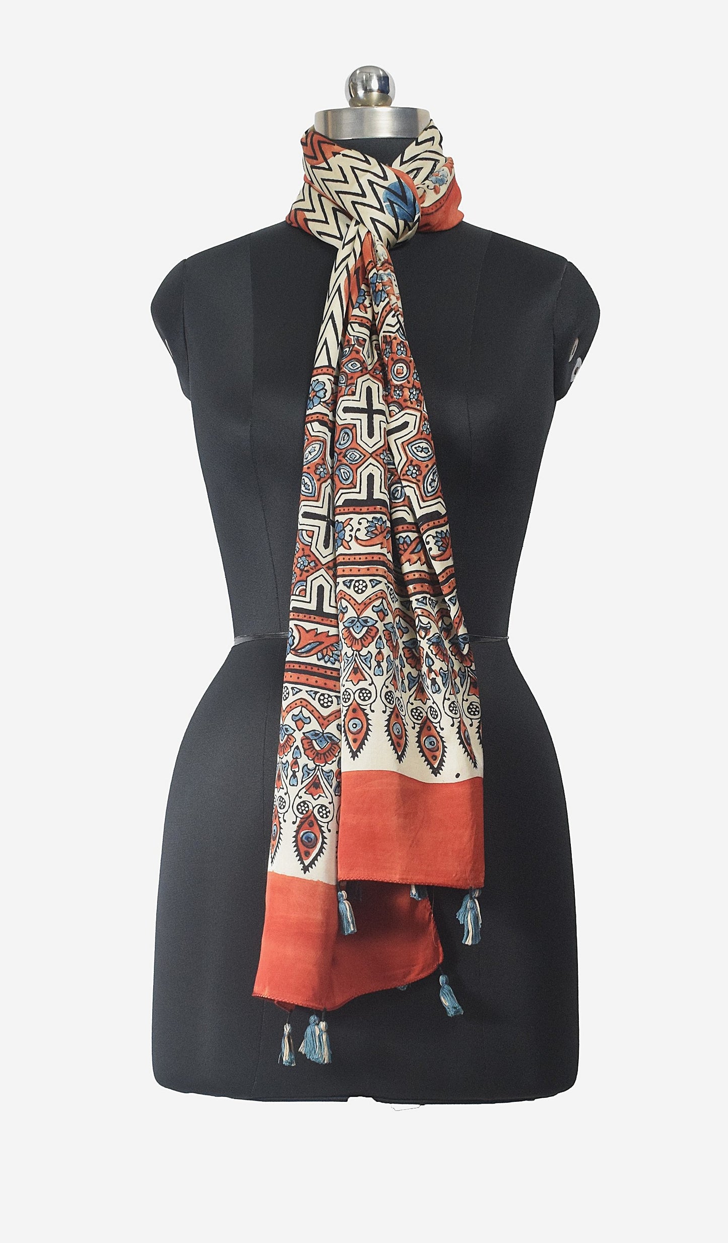 Ajrakh Modal Silk Natural Dye Hand Block Print Stole With Tassels - 2 Mtr Length - SKU : EK11A01N