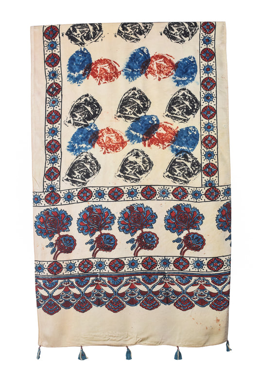 Ajrakh Modal Silk Natural Dye Hand Block Print Stole With Tassels - 2 Mtr Length - SKU : EK2890AP