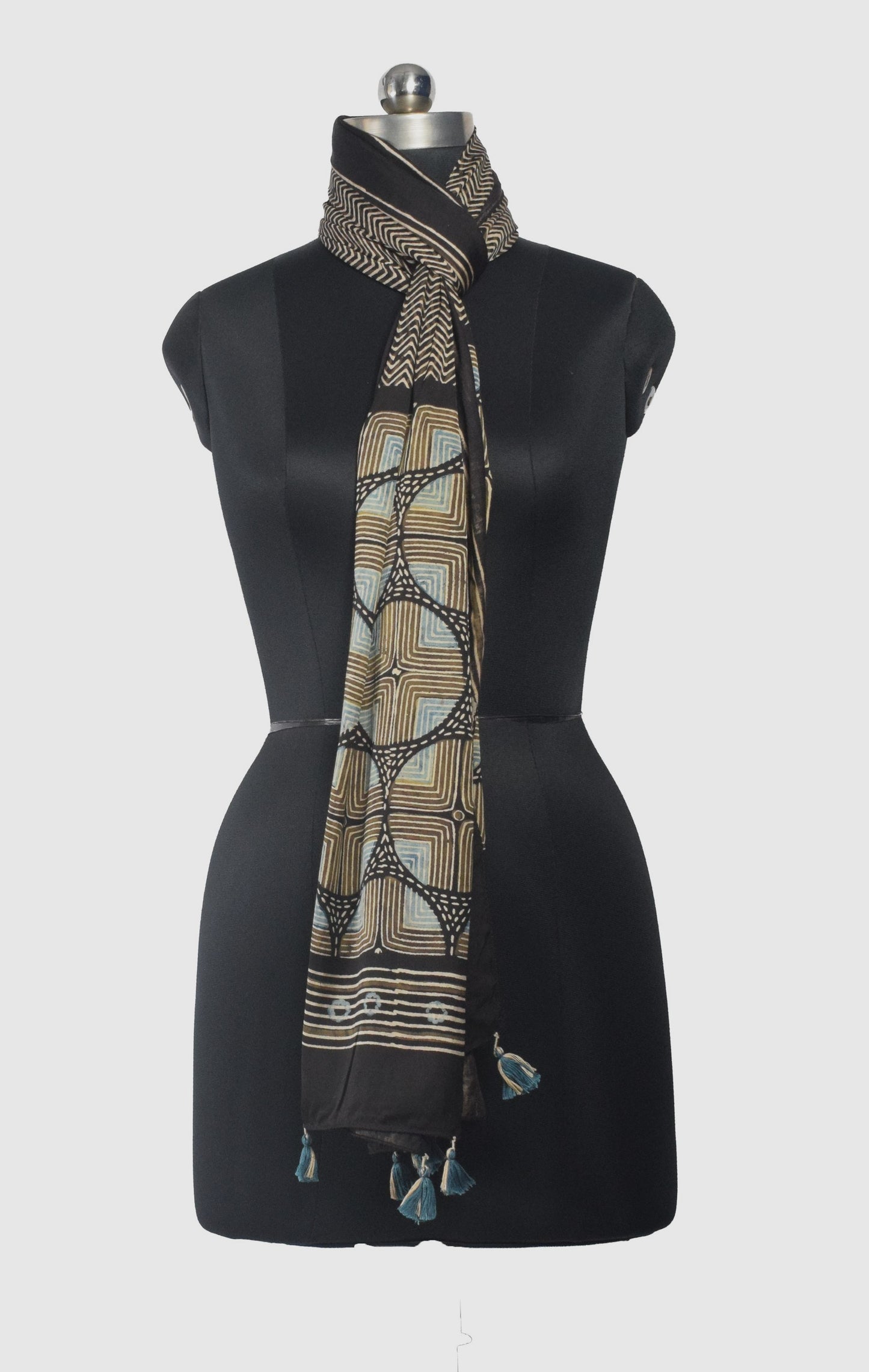 Ajrakh Modal Silk Natural Dye Hand Block Print Stole With Tassels - 2 Mtr Length - SKU : AI26901A