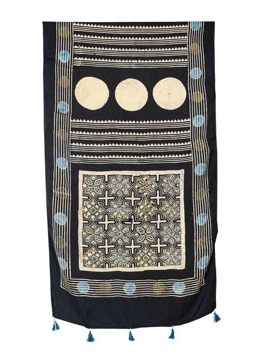 Ajrakh Modal Silk Natural Dye Hand Block Print Stole With Tassels - 2 Mtr Length - SKU : AI26901B