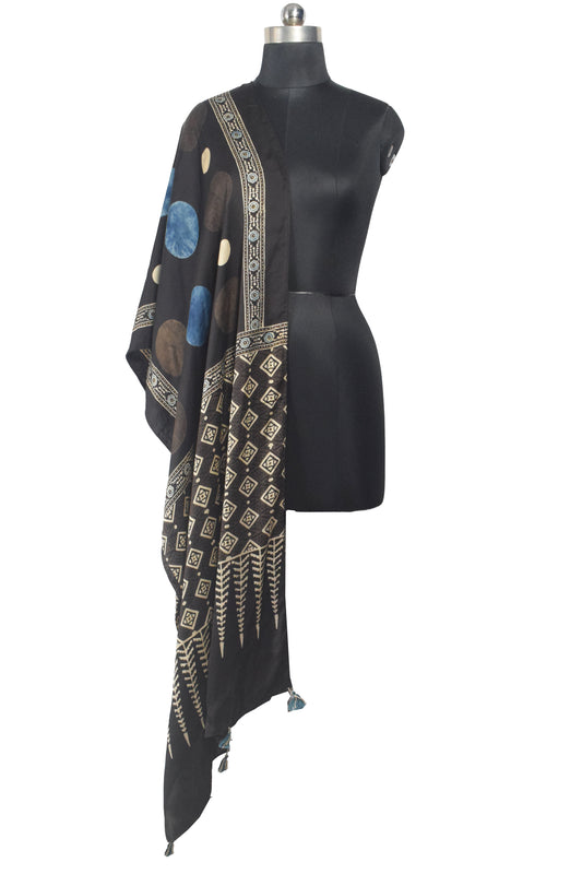 Ajrakh Modal Silk Natural Dye Hand Block Print Stole With Tassels - 2 Mtr Length - SKU : AI26901C