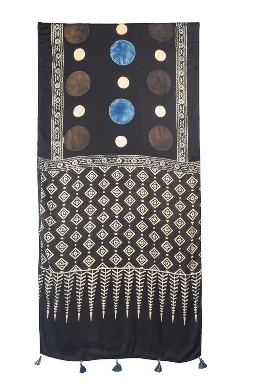 Ajrakh Modal Silk Natural Dye Hand Block Print Stole With Tassels - 2 Mtr Length - SKU : AI26901C
