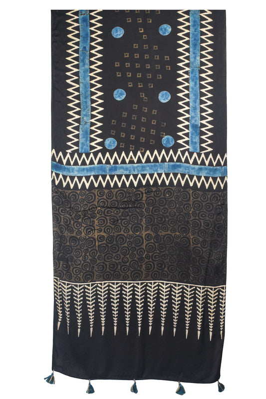 Ajrakh Modal Silk Natural Dye Hand Block Print Stole With Tassels - 2 Mtr Length - SKU : AI26901D