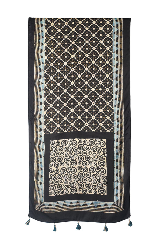 Ajrakh Modal Silk Natural Dye Hand Block Print Stole With Tassels - 2 Mtr Length - SKU : AI26901F