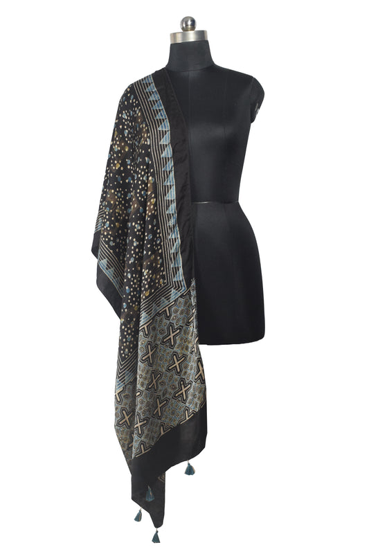 Ajrakh Modal Silk Natural Dye Hand Block Print Stole With Tassels - 2 Mtr Length - SKU : AI26901G