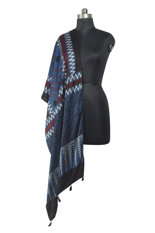Ajrakh Modal Silk Natural Dye Hand Block Print Stole With Tassels - 2 Mtr Length - SKU : AI26901U