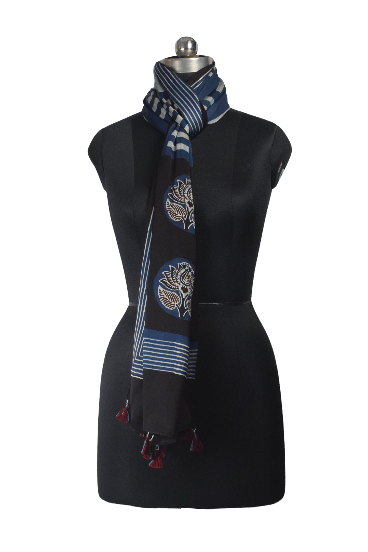 Ajrakh Modal Silk Natural Dye Hand Block Print Stole With Tassels - 2 Mtr Length - SKU : AI26901V