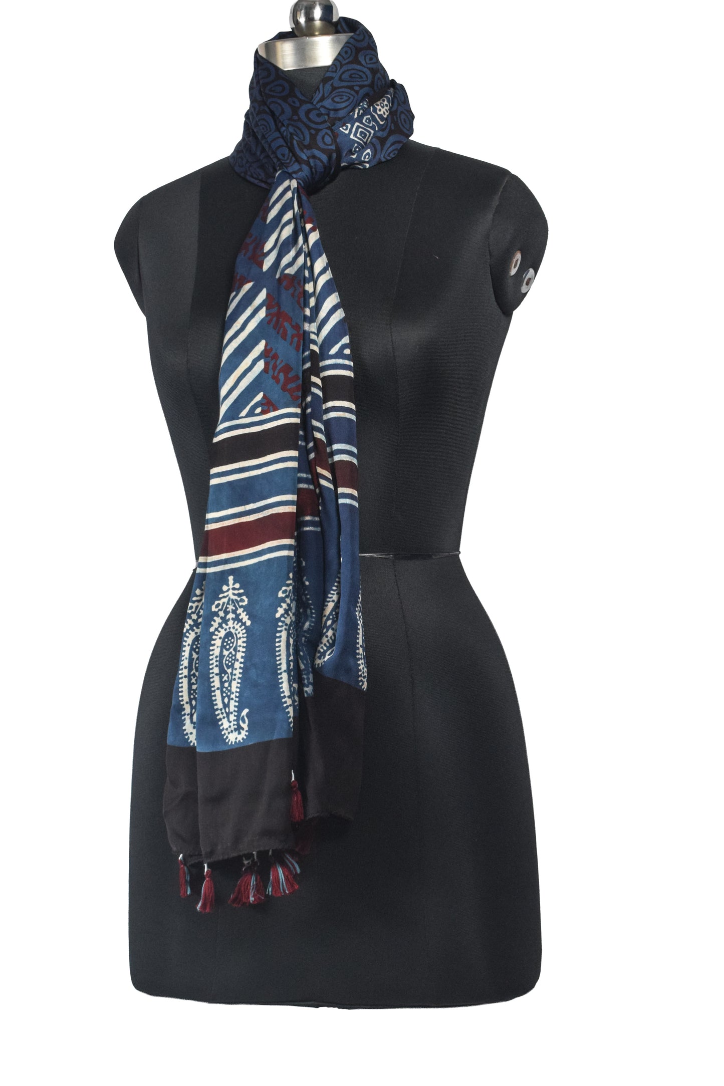 Ajrakh Modal Silk Natural Dye Hand Block Print Stole With Tassels - 2 Mtr Length - SKU : AI26901Y