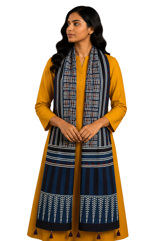 Ajrakh Modal Silk Natural Dye Hand Block Print Stole With Tassels - 2 Mtr Length - SKU : AI2690AM