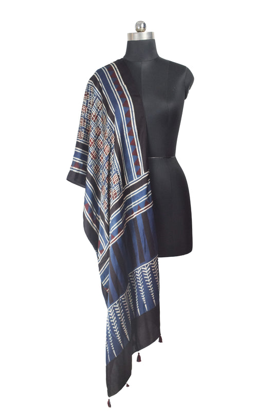 Ajrakh Modal Silk Natural Dye Hand Block Print Stole With Tassels - 2 Mtr Length - SKU : AI2690AM