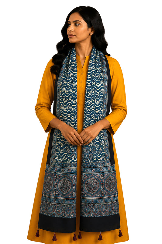 Ajrakh Modal Silk Natural Dye Hand Block Print Stole With Tassels - 2 Mtr Length - SKU : EK04B01A