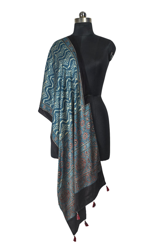 Ajrakh Modal Silk Natural Dye Hand Block Print Stole With Tassels - 2 Mtr Length - SKU : EK04B01A