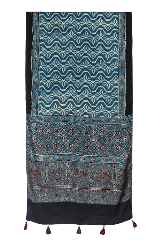 Ajrakh Modal Silk Natural Dye Hand Block Print Stole With Tassels - 2 Mtr Length - SKU : EK04B01A