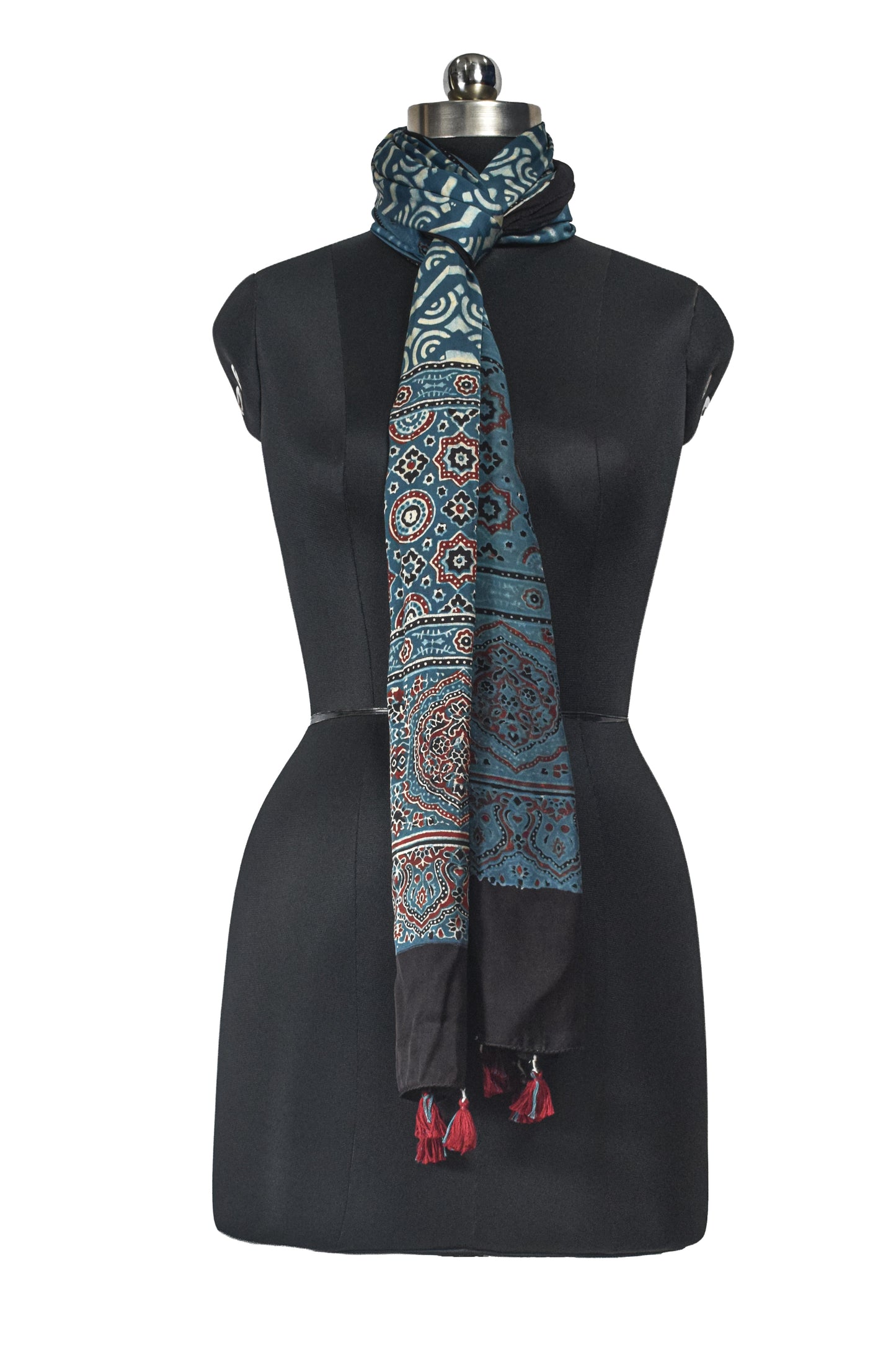 Ajrakh Modal Silk Natural Dye Hand Block Print Stole With Tassels - 2 Mtr Length - SKU : EK04B01A