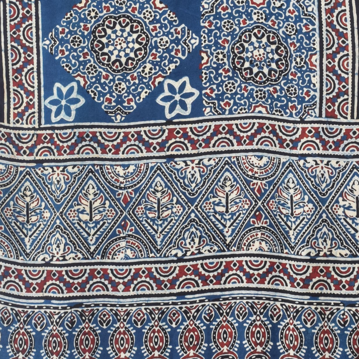 Ajrakh Modal Silk Natural Dye Hand Block Print Stole With Tassels - 2 Mtr Length - SKU : EK2890AD