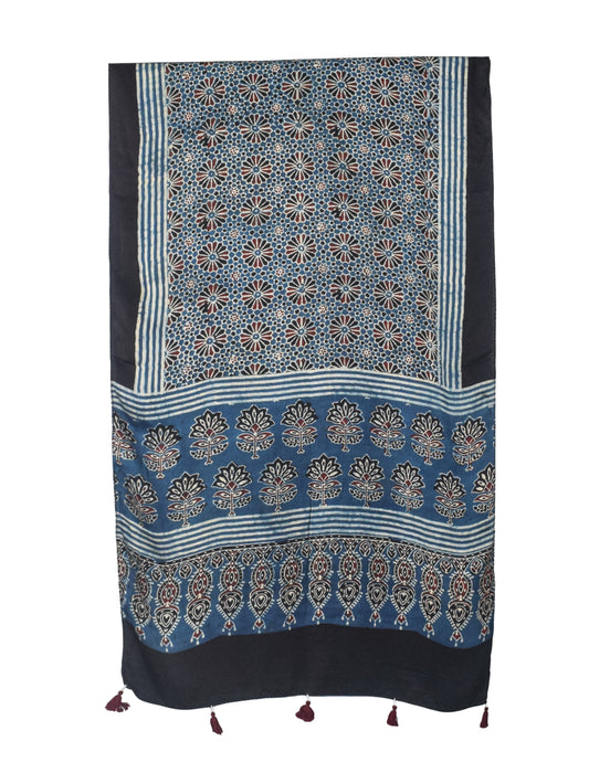 Ajrakh Modal Silk Natural Dye Hand Block Print Stole With Tassels - 2 Mtr Length - SKU : EK2890AG