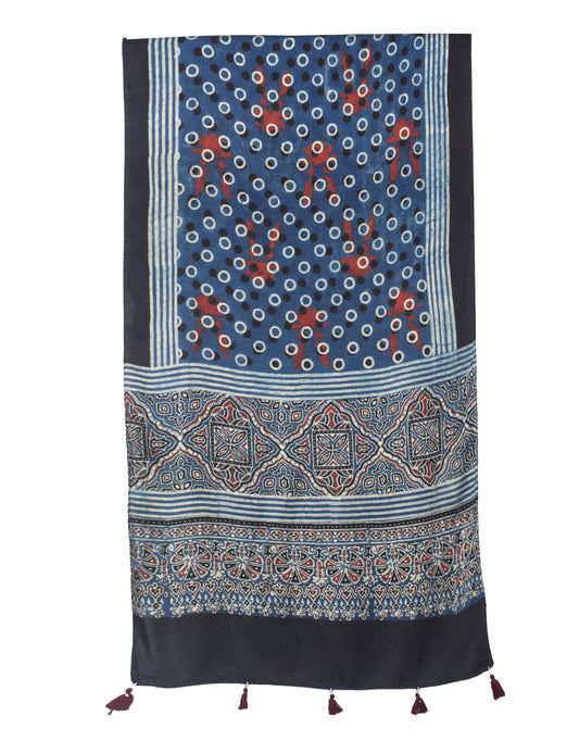 Ajrakh Modal Silk Natural Dye Hand Block Print Stole With Tassels - 2 Mtr Length - SKU : EK2890AH