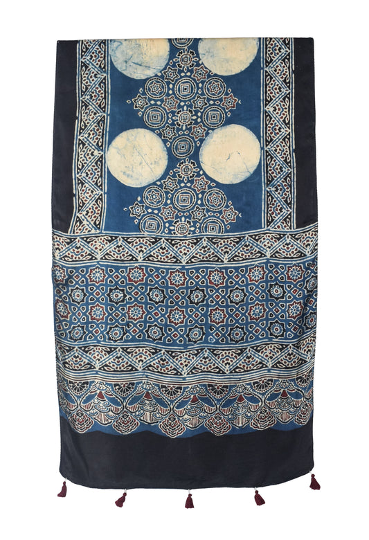 Ajrakh Modal Silk Natural Dye Hand Block Print Stole With Tassels - 2 Mtr Length - SKU : EK2890AI