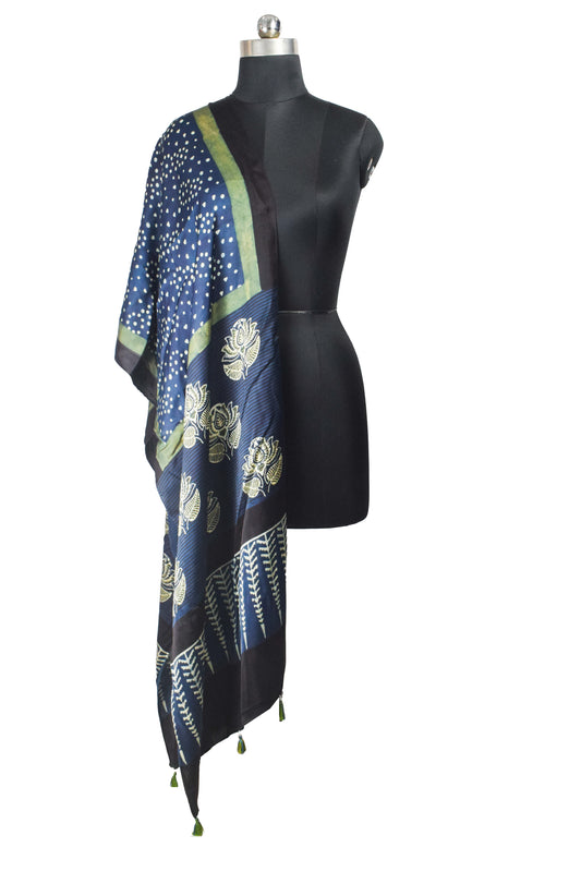 Ajrakh Modal Silk Natural Dye Hand Block Print Stole With Tassels - 2 Mtr Length - SKU : AI26901O