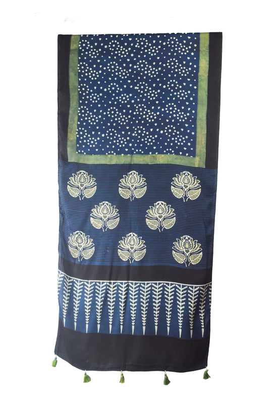 Ajrakh Modal Silk Natural Dye Hand Block Print Stole With Tassels - 2 Mtr Length - SKU : AI26901O