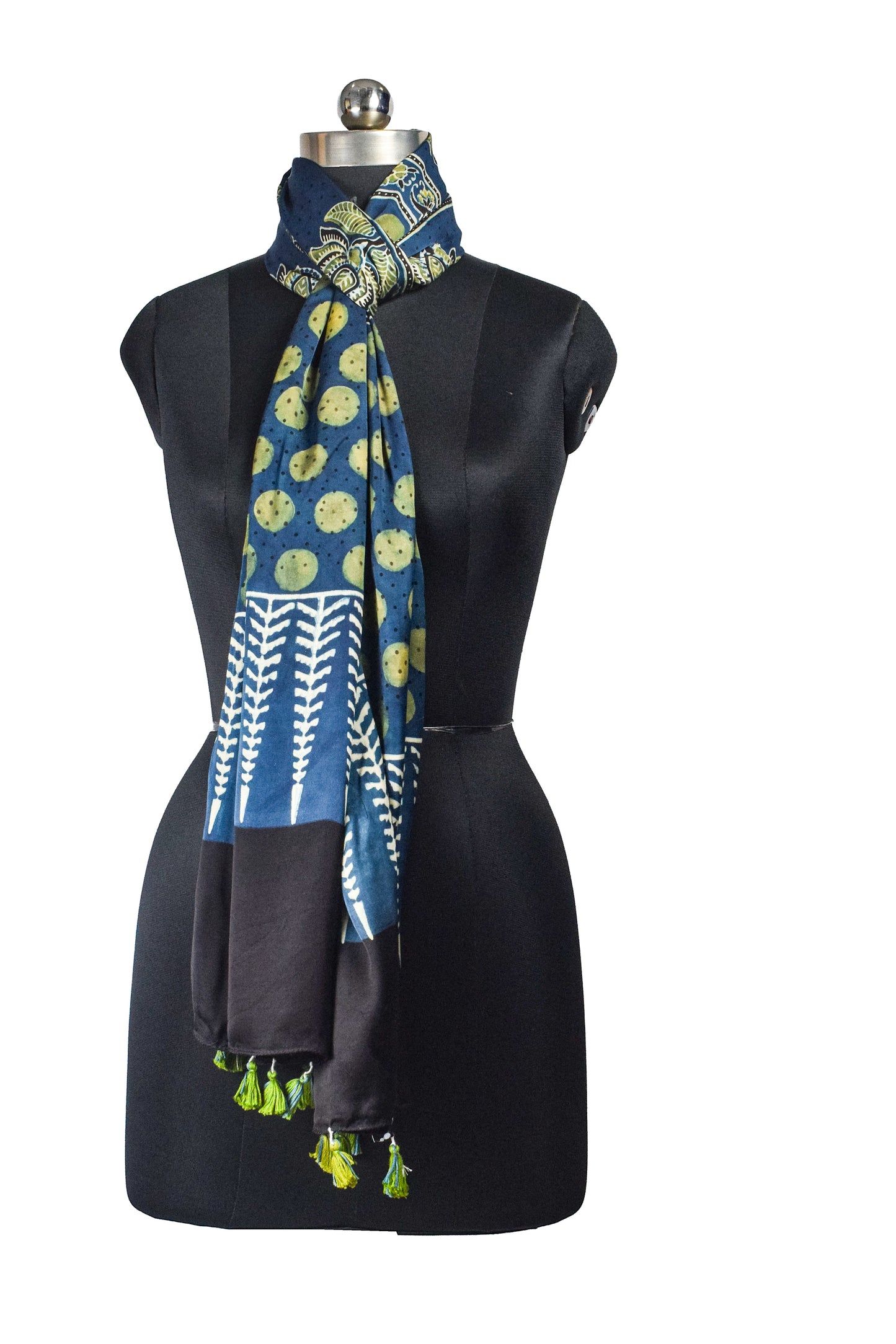 Ajrakh Modal Silk Natural Dye Hand Block Print Stole With Tassels - 2 Mtr Length - SKU : AI26901Q