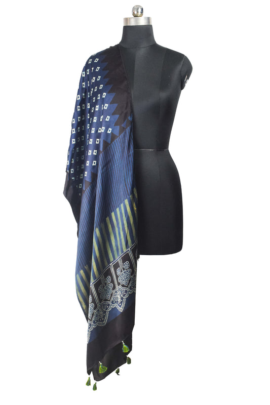 Ajrakh Modal Silk Natural Dye Hand Block Print Stole With Tassels - 2 Mtr Length - SKU : AI26901R