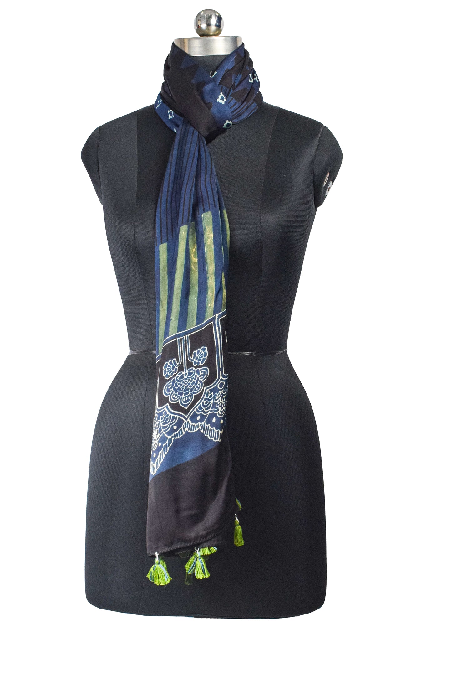 Ajrakh Modal Silk Natural Dye Hand Block Print Stole With Tassels - 2 Mtr Length - SKU : AI26901R