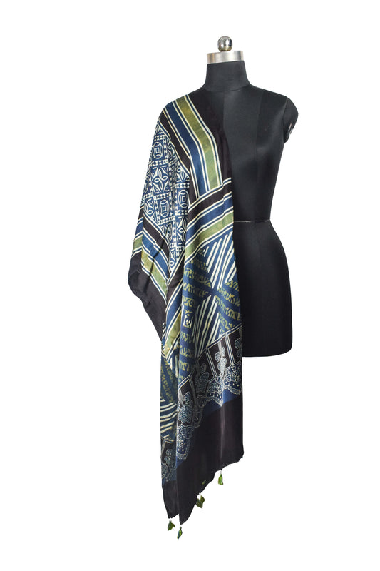 Ajrakh Modal Silk Natural Dye Hand Block Print Stole With Tassels - 2 Mtr Length - SKU : AI26901S