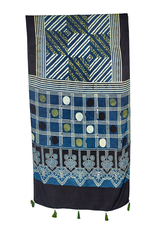Ajrakh Modal Silk Natural Dye Hand Block Print Stole With Tassels - 2 Mtr Length - SKU : AI26901T