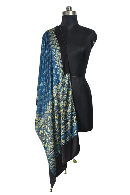Ajrakh Modal Silk Natural Dye Hand Block Print Stole With Tassels - 2 Mtr Length - SKU : EK11A01B