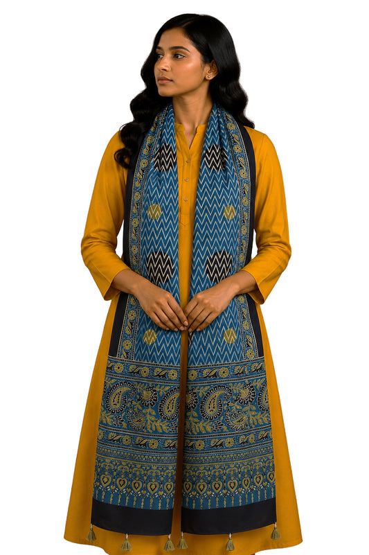 Ajrakh Modal Silk Natural Dye Hand Block Print Stole With Tassels - 2 Mtr Length - SKU : EK11A01D