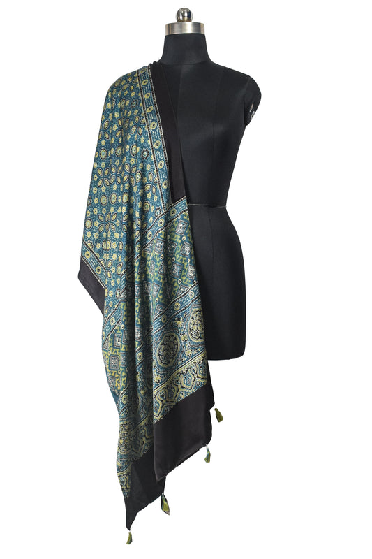 Ajrakh Modal Silk Natural Dye Hand Block Print Stole With Tassels - 2 Mtr Length - SKU : EK11A01H
