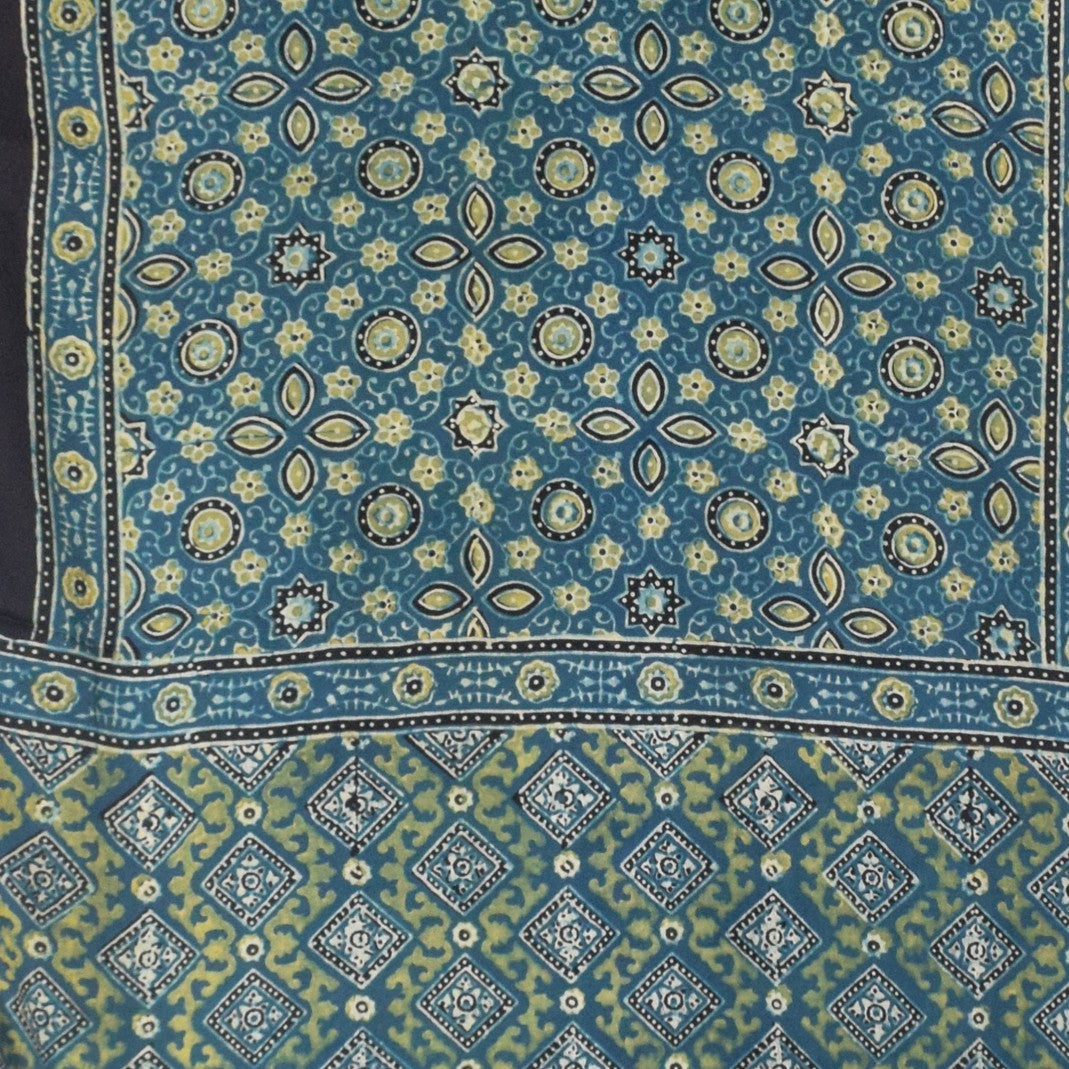 Ajrakh Modal Silk Natural Dye Hand Block Print Stole With Tassels - 2 Mtr Length - SKU : EK11A01H