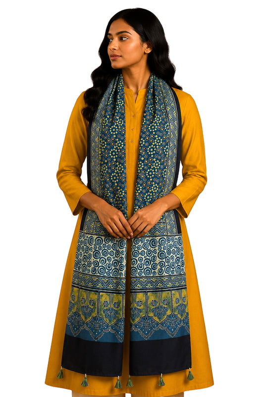 Ajrakh Modal Silk Natural Dye Hand Block Print Stole With Tassels - 2 Mtr Length - SKU : EK11A01K