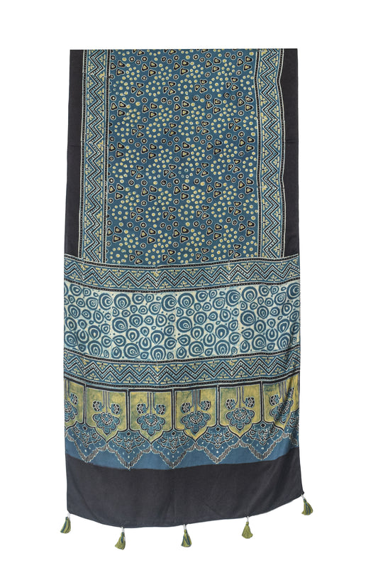 Ajrakh Modal Silk Natural Dye Hand Block Print Stole With Tassels - 2 Mtr Length - SKU : EK11A01K