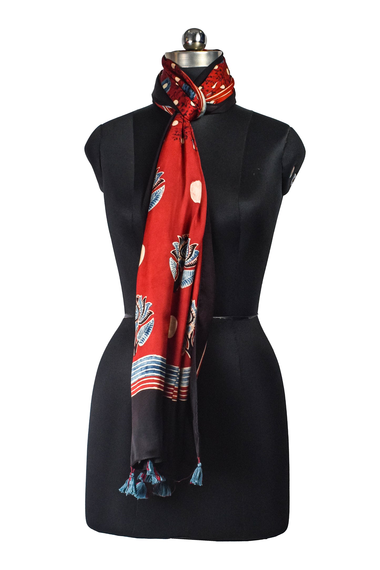 Ajrakh Modal Silk Natural Dye Hand Block Print Stole With Tassels - 2 Mtr Length - SKU : AI2690AB