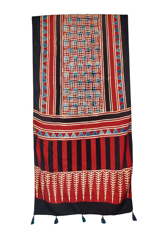 Ajrakh Modal Silk Natural Dye Hand Block Print Stole With Tassels - 2 Mtr Length - SKU : AI2690AD